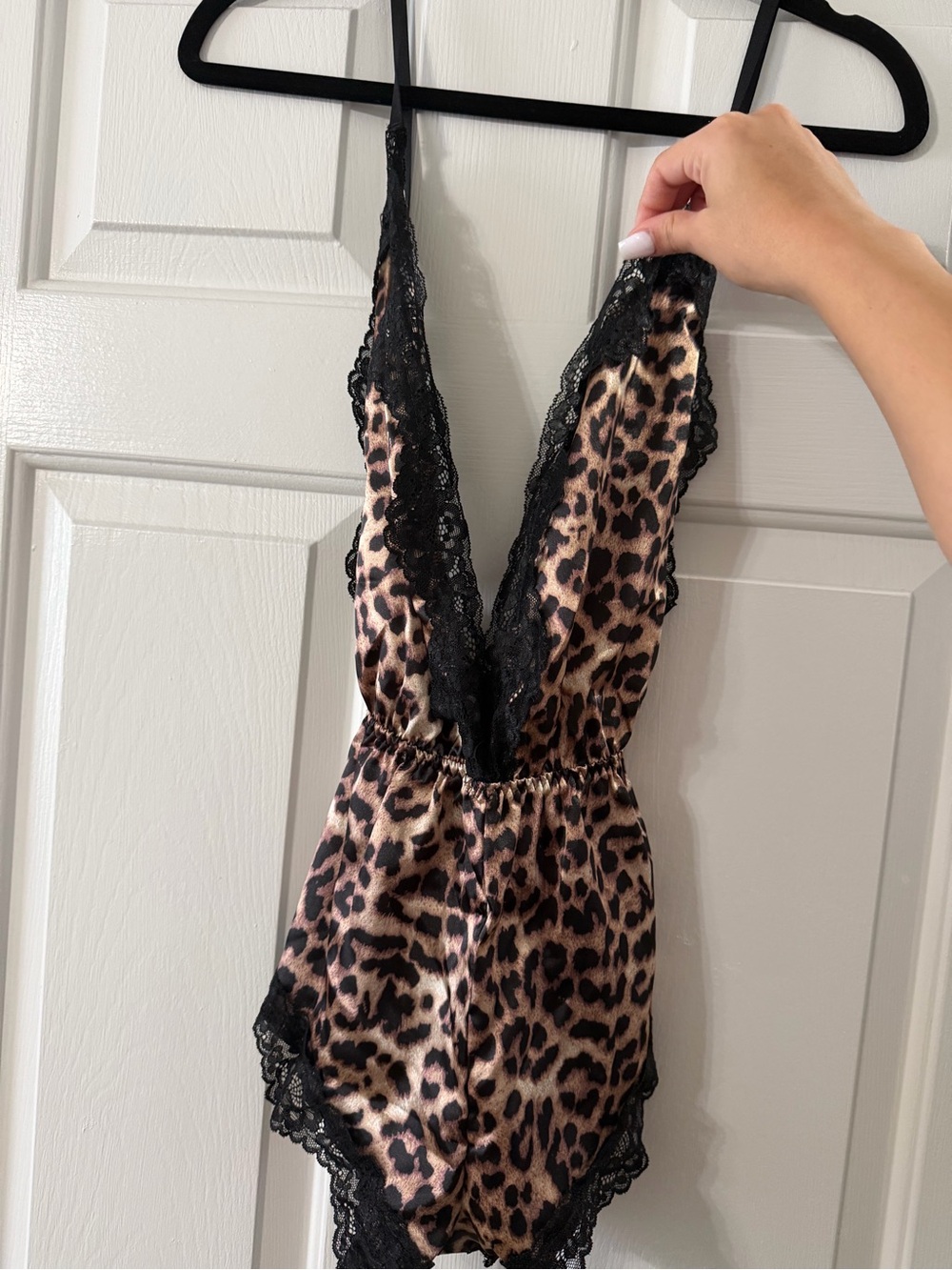 Leopard Print Satin & Black Lace Teddy Size M